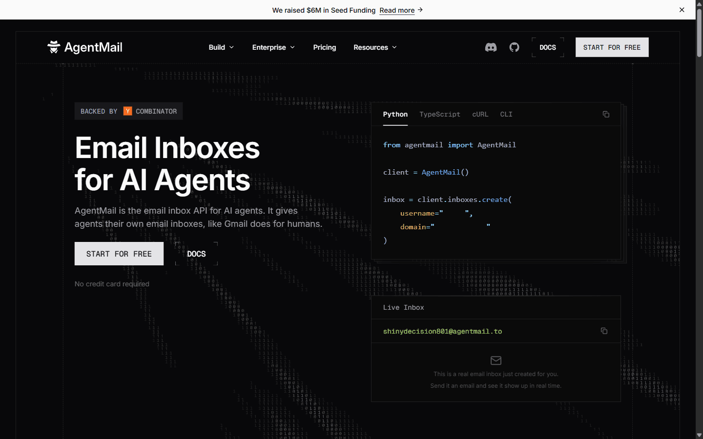 AgentMail homepage showing the email inbox API for AI agents