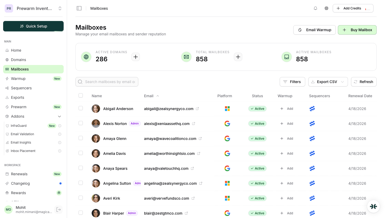 InboxKit Mailboxes ready for Manyreach export
