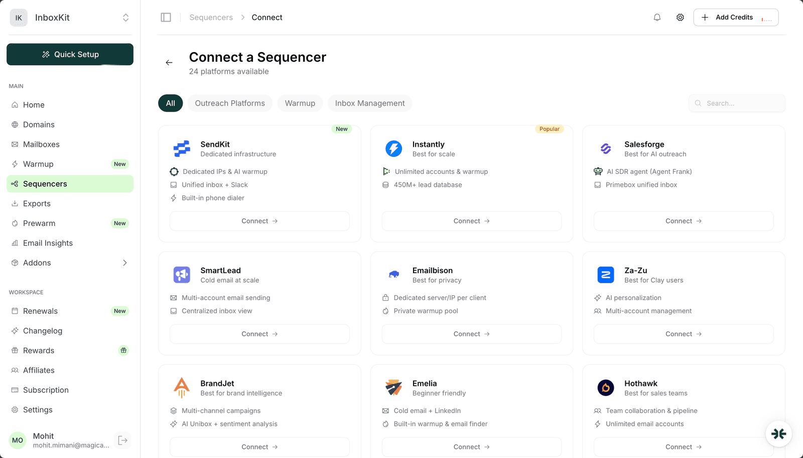 InboxKit Sequencers page with Manyreach connected